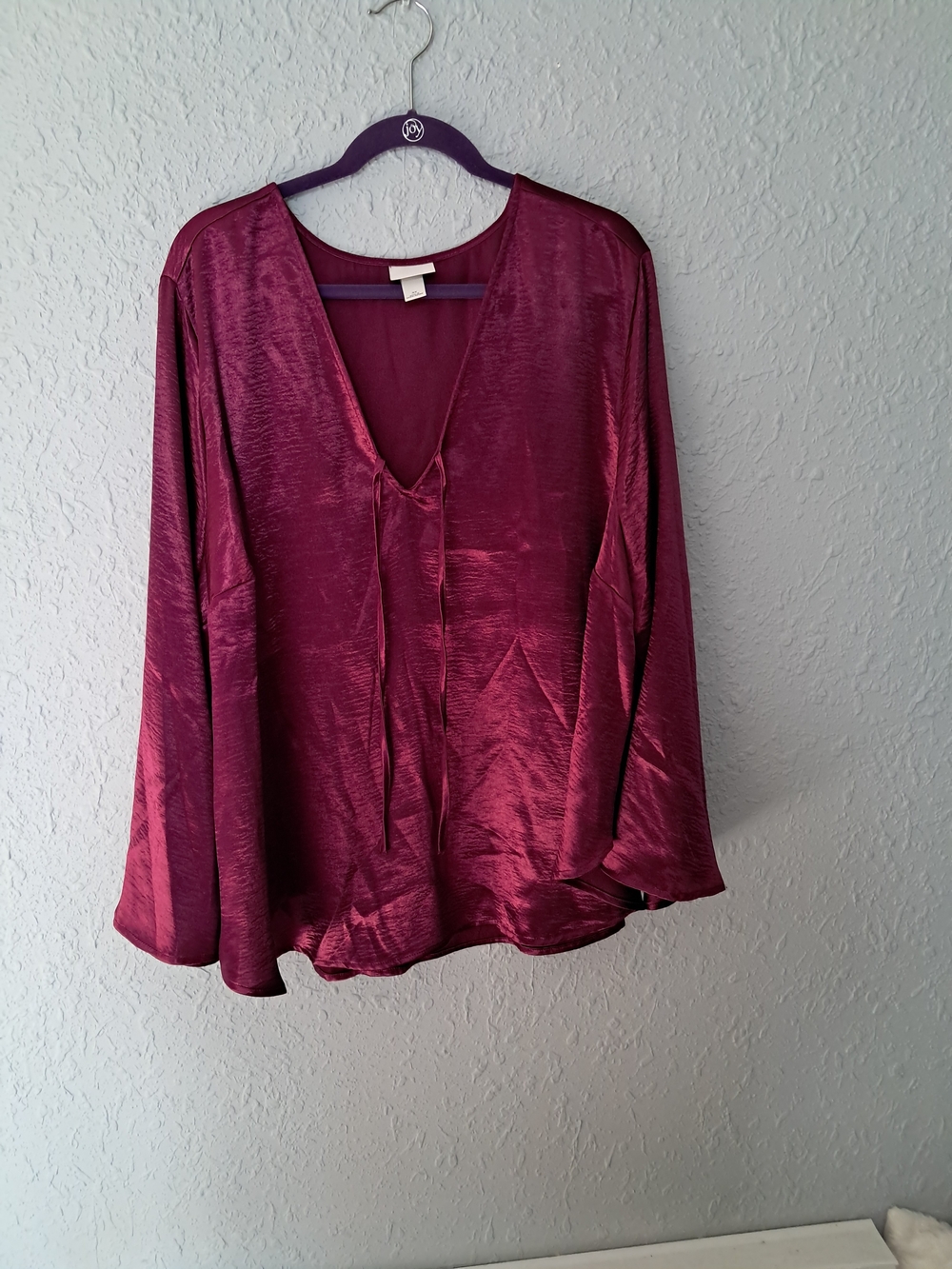 Ava & Viv Wine Satin V-Neck Tie Blouse
